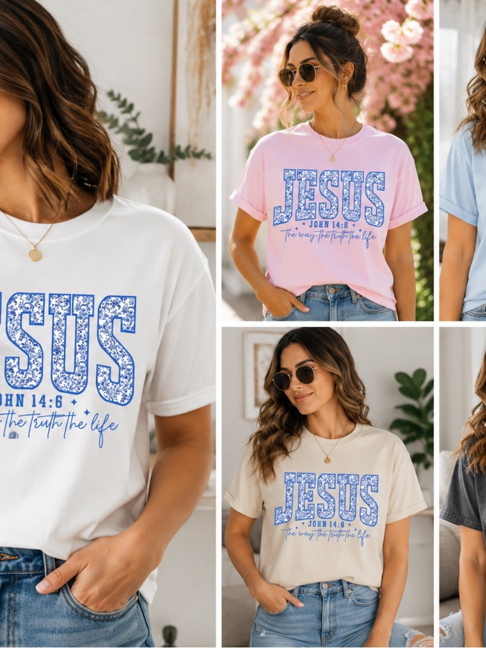 Floral 'JESUS' Graphic Tee - Blue Print on Pastel Tees